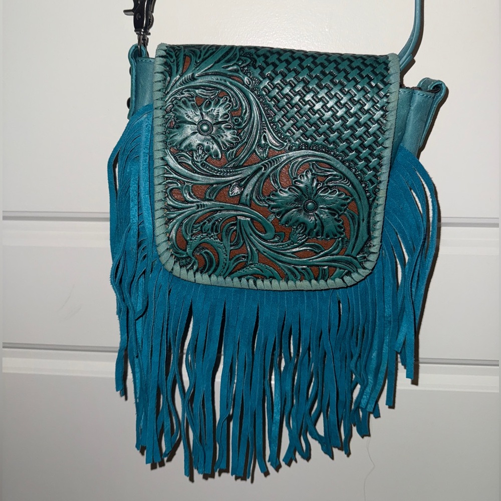 Montana West Genuine Leather Teal Floral Fringe Crossbody Bag